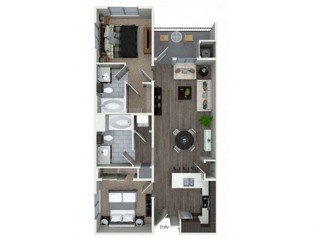 Floor plan for 2 beds, 2 baths, 939 sqft